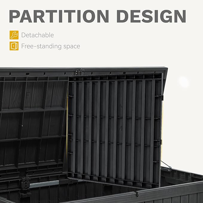 DWVO 150 Gallon XL Deck Box with Divider & Lockable Lid, Waterproof Resin Outdoor Storage for Patio, Garden, Poolside, Cushions, Supplies & Sports Gear, Black
