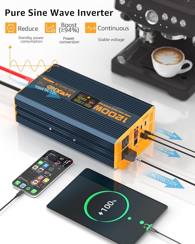 1200 Watt Pure Sine Wave Power Inverter DC 12V to 110V AC Converter with Dual AC Outlets, PD60W/QC3.0 Fast Charging USB Ports, Car Solar Inverter with LCD Display for Home RV Truck