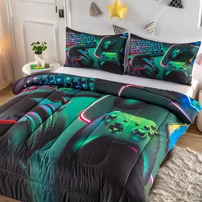 Gamer Comforter Sets for Teen Boys,Gaming Bedding Sets Full,Video Game Bedspread,Game Gamepad Bed Set,Controller Bedding Gamer Home Decor 3 Piece 1 Comforter and 2 Pillowcases