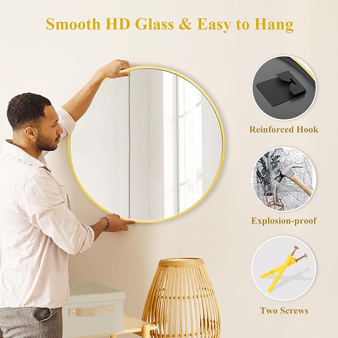 Fabuday Gold Circle Mirror for Bathroom - 24 Inch Golden Framed Round Mirror for Wall Decor, Living Room, Bedroom, Entryway Circular Mirrors