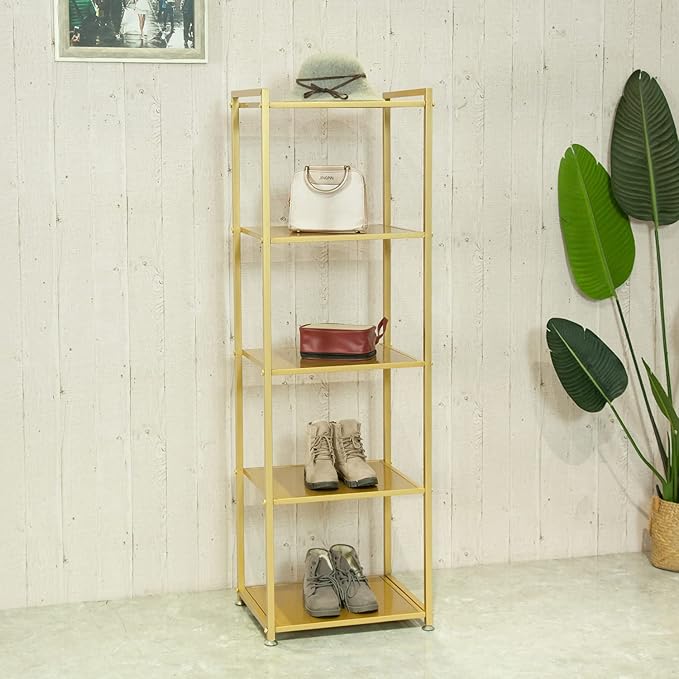 Gold Shelf, Gold Bookcase, 5-Tier Bookshelf Shoe Purse Handbag Rack Shelving Unit Etagere Tall Narrow Metal Corner Shelf Boutique Display Storage Retail Commercial Stand(19.7x15.7x63)