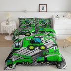 Excavator Down Comforter, Kids Boys Cartoon Car Comforter Set Twin, Children Tractor Truck Duvet Sets Girls Construction Vehicle Bulldozer Bedding Set 2 Pieces with 1 Pillow Case, Green Gray