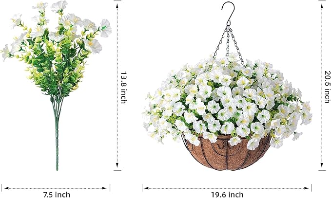 Ivydale Artificial Fake Hanging Flowers Plants Baskets for Outdoor Spring Summer Decoration, Faux Silk White Morning Glory Look Real UV Resistant for Outside Porch Patio Balcony Yard Front Door Garden