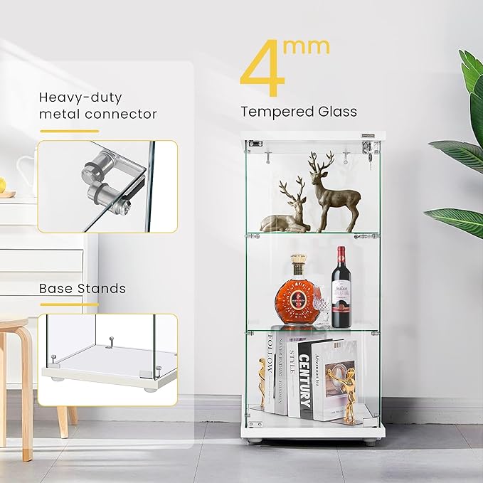 VIVOHOME 3 Layers 16''W x 16''D x 34''H Display Cabinet Showcase Countertop with Lock, 4mm Tempered Glass 25mm MDF Base