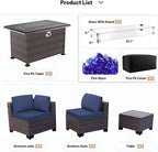 Kullavik 8 Pieces Outdoor Patio Furniture Set with 43" 55000BTU Gas Propane Fire Pit Table PE Wicker Rattan Sectional Sofa Patio Conversation Sets,Dark Blue