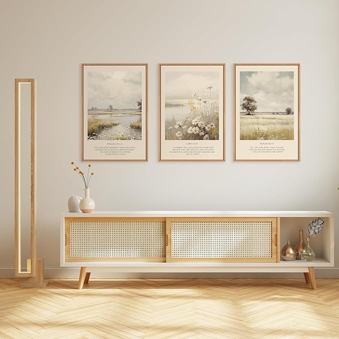 HPINUB Christian Bible Verse Framed Canvas Wall Art Set,Modern Scripture Floral Wall Decor,Vintage Jesus Religious Natural Wildflower Art Print for Living Room,Bedroom,Farmhouse,Prayer Room-24"x36"x3