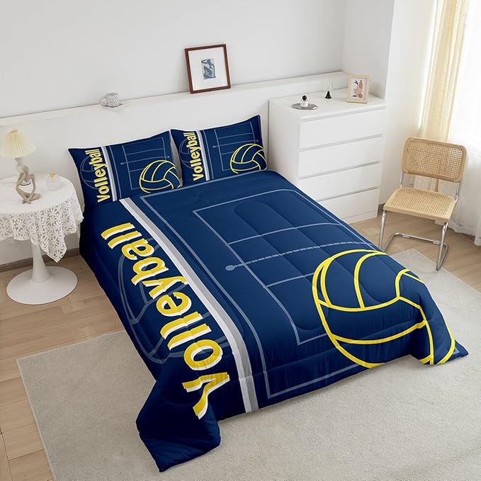 Feelyou Volleyball Bedding Set Queen Size Sports Game Comforter Set for Kids Boys Girls Decor Volleyball Player Comforter Microfiber Blue Yellow Duvet Set Bedroom Quilt Set