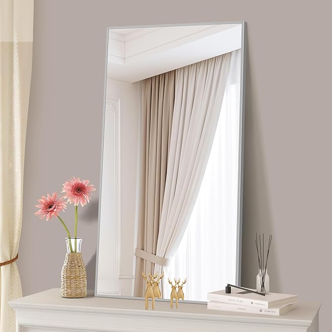 48x24In Silver Bathroom Mirror for Wall, Brushed Nickel Rectangle Mirrors with Metal Frame, Bathroom Rectangular Mirror Modern Wall Mirror for Bedroom Living Room, Hangs Horizontal or Vertical