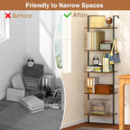 5 Tier Ladder Shelf with 2 Hooks, Modern Metal Wood Bookcase Shelf, Wall Mounted Bookshelf, Standing Display Storage Organizer for Home, Office, Kitchen, Living Room, Bedroom