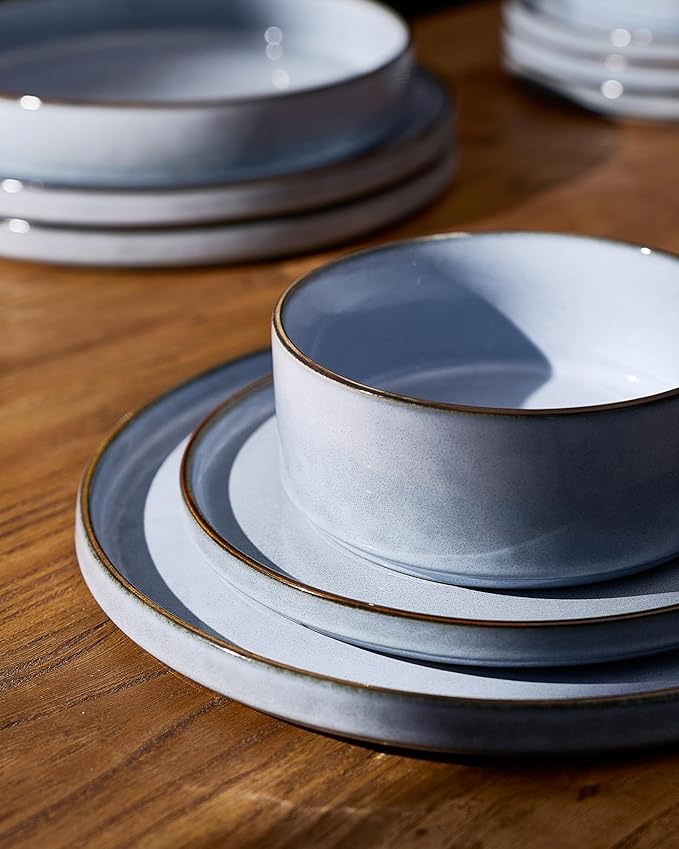 Famiware Annecy Plates and Bowls Sets, 12 Pieces Dinnerware Sets, Microwave and Dishwasher Safe Dishes Set for 4, Chip and Scratch Resistant, Reactive Blue