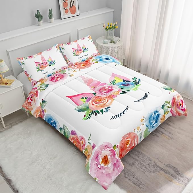 Datura home Unicorn Floral Watercolor Flower Comforter Bedding Set for Girls Teens Adults,Colorful Lovely Roses Blooms Print Design Unicorn Bedding Set(Unicorn Twin)