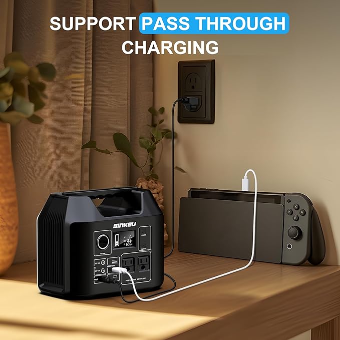 SinKeu Portable Power Station, 256Wh LiFePO4 Battery, 300W Solar Generator for Home Use, Power Bank with AC Outlets Pure Sine Wave for Camping, RV, Emergency Backup