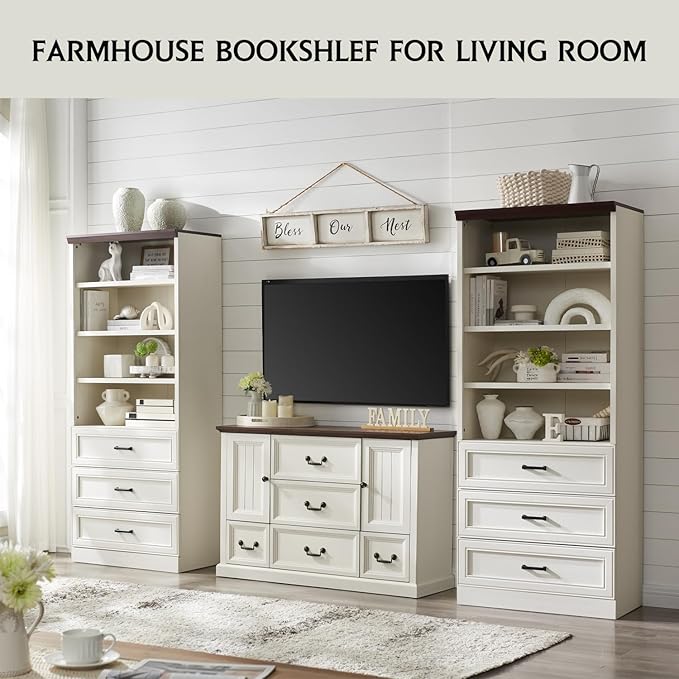 72" Tall Bookshlef with 3 Drawers, Farmhouse 4-Tier Bookcase with Adjustable Shlef, Wooden Storage Cabinet for Living Room, Kitchen, Home Office, Dining Room, White