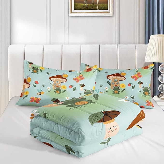 Datura home Cartoon Mushroom House Kids Comforter Bedding Set for Boys Girls, Green Grassland and Cute Frog Bee Print Comforter with 2 Pillowcases(Mushroom House Twin)