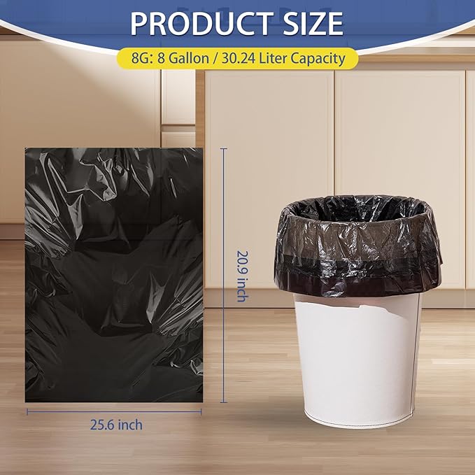 8 Gallon Trash Bags Heavy Duty - 30 Liters Black Garbage Bags,0.94 Mil Thick,220 Count,Medium Leakproof and Unscented Wastebasket Can Liners for Kitchen Home Toilet
