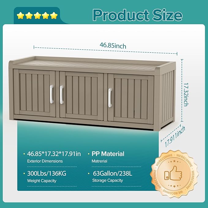 ROJIK Shoe Cabinet Waterproof UV-Resistant,Storage Bench Indoor Outdoor with Adjustable Shelves,for Entryway Bedroom,Hallway,Living Room(2 Door,Grey)