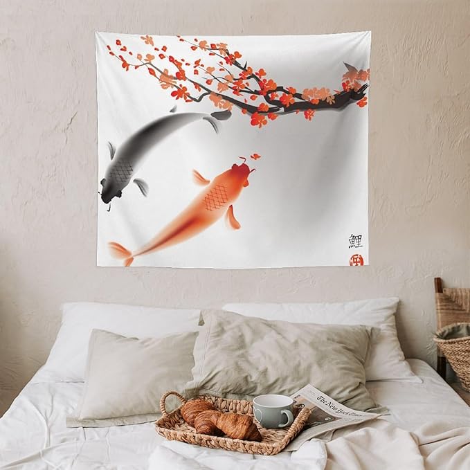 Houselerax Japanese Koi Fish Tapestry, Cherry Blossoms Asian Oriental Flower Branch Koi Fish Carp Tapestries Wall Hanging for Bedroom Living Room Office Decor 60"x50"
