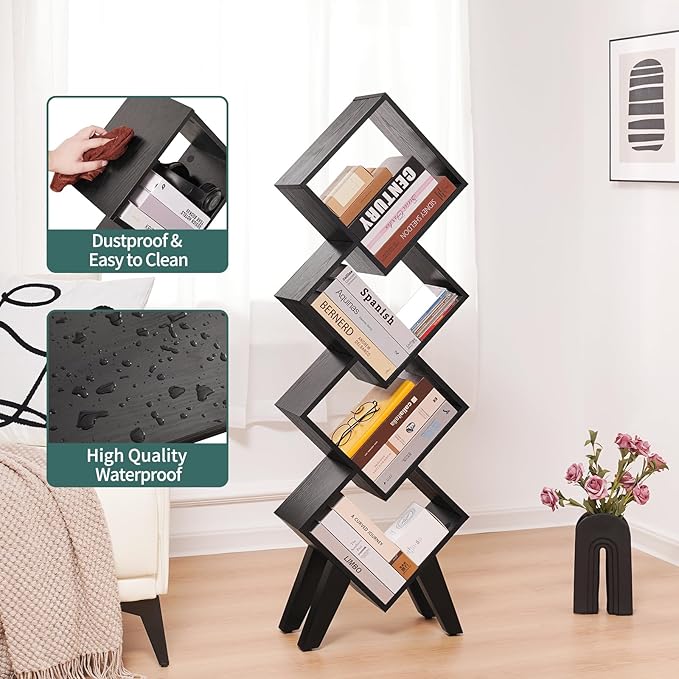 Yoobure Black Bookshelf - Small Book Shelf, 4-Tier Tall Bookcases Book Organizer, Industrial Bookshelves Floor Standing for CDs/Books in Small Spaces, Bedroom, Living Room, Home Office