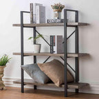 HSH 3-Shelf Bookcase, Rustic Gray 3 tier Bookshelf, Vintage Industrial Wooden and Metal Display and Storage Bookshelves Tower for Home Office Livingroom Bedroom Light Grey Oak