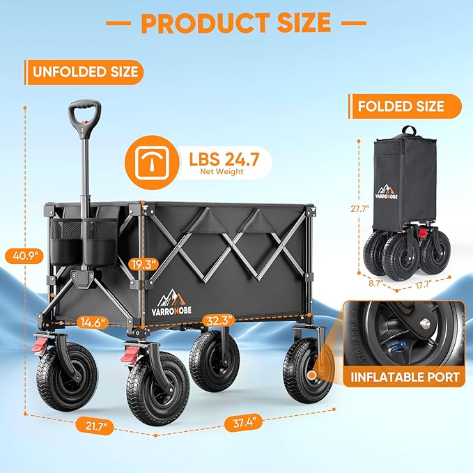 Big Rubber Wheels Beach Wagon Cart Foldable, 9x3 All-Terrain Wheels, Heavy Duty Collapsible Utility Wagon with 330lbs Capacity, Compact Storage, Easy Transport for Sand Camping Sports, Black