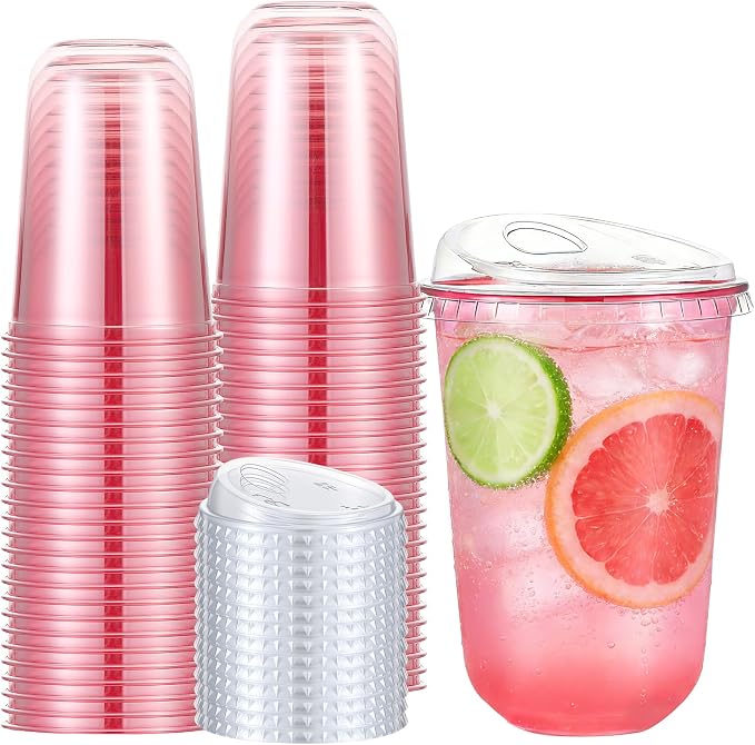 Ziliny 50 Sets Clear Plastic Coffee Cups with Sip Lids, Disposable Plastic PET Crystal Cups for Iced Coffee, Smoothie, Cold Beverage, Drink Shops and Party Catering (Pink,16 oz)