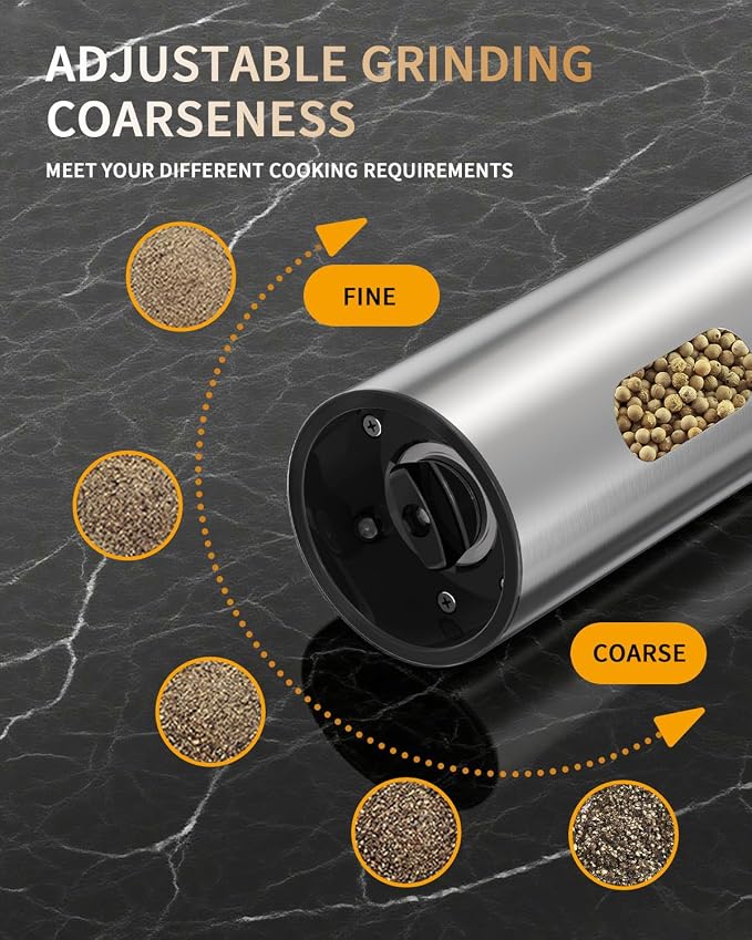 CIRCLE JOY Rechargeable Electric Salt and Pepper Grinder Set, 2-speed Stainless Steel Automatic Pepper Mill Grinder w/Charging Base, Adjustable Coarseness, LED Light, 110ml Large Capacity Top Fill