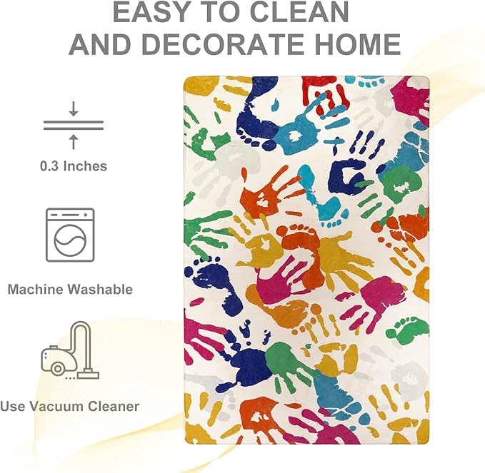 Handprints and Footprints Large Kids Rug 5'x7', Washable Colorful Area Rug for Nursery Room, Non-Slip Play Mat Ultra Soft Indoor Carpet for Bedroom Playroom Classroom