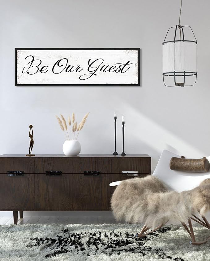 HLJ ART Be Our Guest Wall Decor: Farmhouse Bedroom Art Above Bed, 12" x 40" Framed Large Guest Room Signs, Rustic Country Decorative Plaques for Home Living Room Kitchen