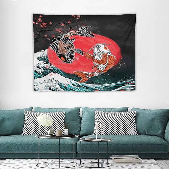 Houselerax Koi Fish Tapestries,Japanese Style Yin Yang Big Wave Cherry Blossoms Tapestry Wall Hanging for Bedroom Living Room Office Decor 40"x30"