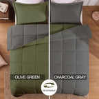 Basic Beyond Twin Comforter Set for Girls and Boys - Fluffy Twin Bed Comforter Set for All Seasons - Reversible Olive Green and Dark Grey Comforter Set - 2 Pcs (1 Comforter + 1 Pillow Sham)
