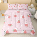 Cartoon Bear Comforter Full Size,Pink Strawberry Comforter Set for Kids Teens Girls,3Pcs Bedding Set Printed Comforter with 2 Pillowcases,Down Alternative,Soft and Lightweight，Full Size