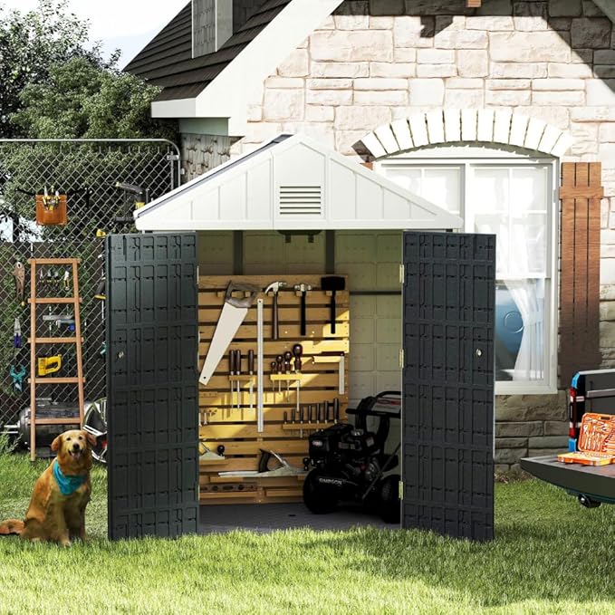 6x4 FT HDPE Resin Outdoor Storage Shed with Reinforced Floor, Injection-Molded Plastic Garden Bike Tool Shed, All-Weather Resistant, Lockable Doors & Window for Backyard Patio