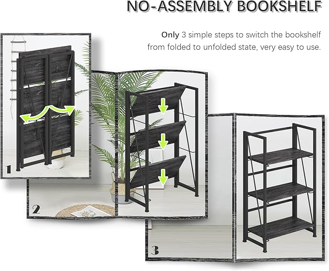 4NM No-Assembly Folding Bookshelf Storage Shelves 3 Tiers Vintage Bookcase Standing Racks Study Organizer Home Office (Gray and Black)