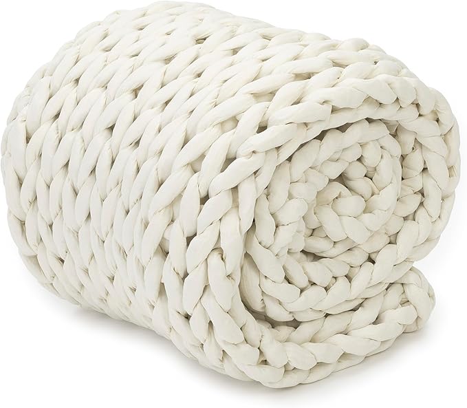Nuzzie Chunky Knit Blanket - Breathable, Cooling, Hand Made Knit Throw Blanket for Sleep - Machine Washable, Stylish Decor Design (Cream, Full | 16lbs | 48"x72")