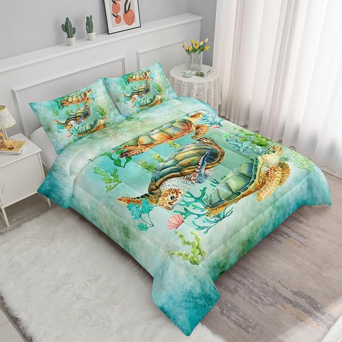 Datura home Sea Turtle Comforter Bedding Set for Kids Teens Adults,Watercolor Sea Turtle Light-Green and Blue Coral Seaweed Ocean Themed Comforter with 2 Pillowcases(Turtle Queen),Green Turtle