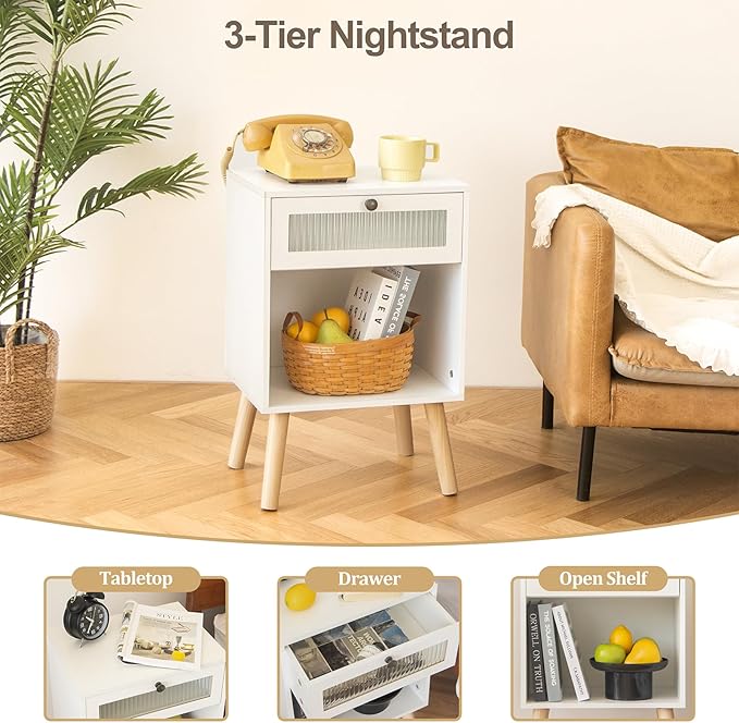 AWASEN White Night Stand, Modern Bedside Table with Glass Storage Drawer and Large Open Shelf, Wood Nightstand Side End Table with Solid Wood Legs for Bedroom, and Small Space, White
