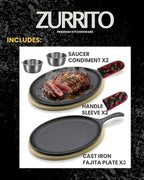 2x Fajita Skillet with Saucers, Cast Iron Hot Plate, Fajita Kit, Sizzling Plate with Wooden Base, Fajita Skillet Set, Sizzle Platter, Cast Iron Serving Dishes, Steak Plates for Eating