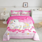 Girls Unicorn Comforter Set Queen Girly Fantasy Rainbow Unicorn Bedding Set for Kids Little Girls, Pink Love Heart Duvet Sets Dreamy Horse Cartoon Magical Animal Down Comforter with 2 Pillowcases