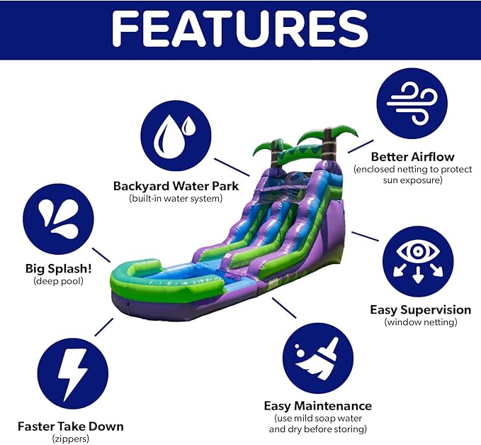 HeroKiddo 16’ Purple Tropical Lightweight Premium Commercial Grade Water Slide Inflatable with Attached Pool for Kids and Adults (with Blower), Wet Dry Use, Summer Fun