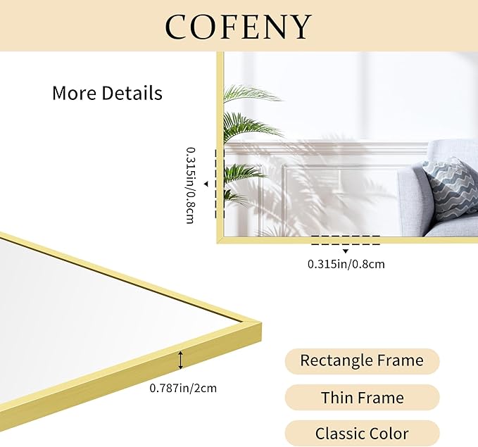 48x24In Gold Bathroom Mirror for Wall, Brushed Gold Rectangle Mirrors with Metal Frame, Bathroom Rectangular Mirror Modern Wall Mirror for Bedroom Living Room, Hangs Horizontal or Vertical