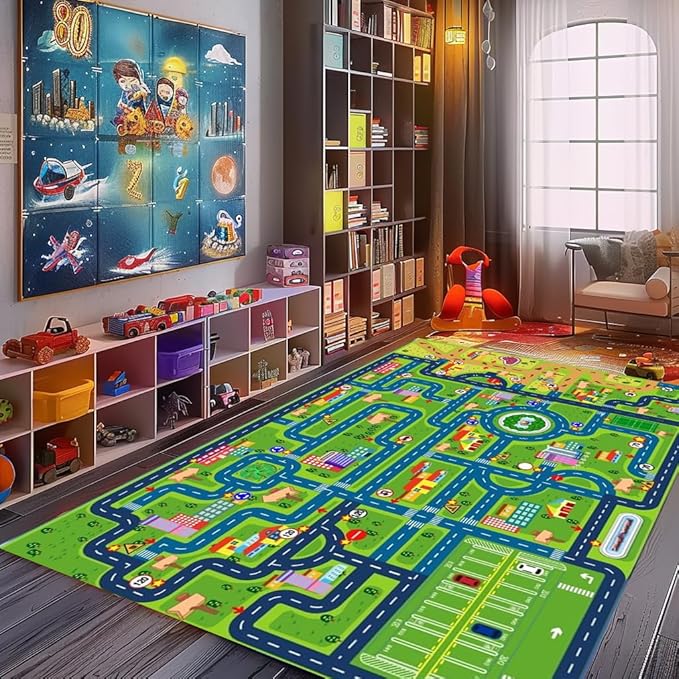 Car Rug Play Mat,Road Rug Kid Play Mat,Playroom Toy Car Mat, Kids Carpet City Map for Bedroom Classroom,Extra Large Thick (110X78.7 Inch)