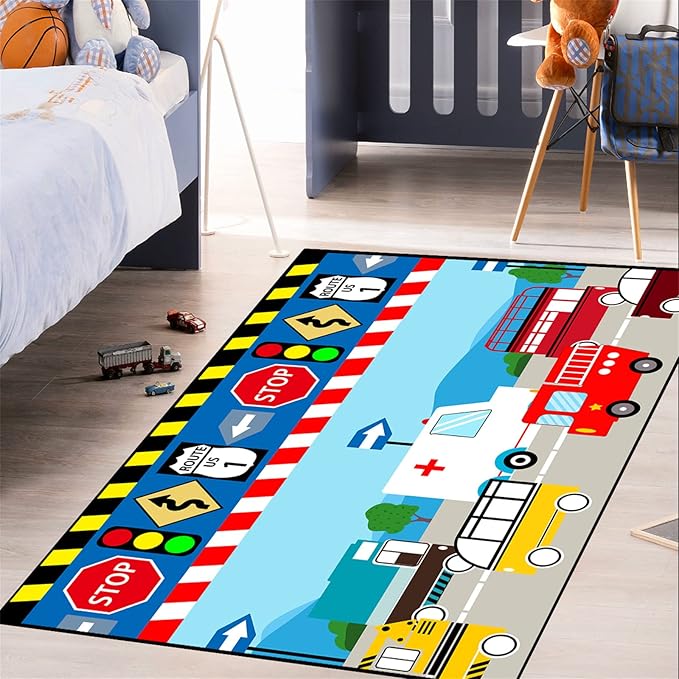 Cartoon Ambulance Car Area Rug Car Carpet for Kids Play Rug for Cars and Trucks Car Rug Play Mat Car Track Rug Truck Rugs for Boys Room Rugs for Boys Bedroom,Light Blue 5'×7'