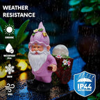 Solar Garden Gnome Statue with Crackle Glass Globe Lights, Waterproof Outdoor Decor for Patio, Lawn, or Yard, Whimsical Housewarming Gift(Pink Gnomes)
