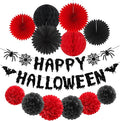 Red Black Happy-Halloween Party Decorations - 13PCS Spider Web Bats Streamers Banner ,Paper Flowers Lanterns Tissue Pom Poms Fans, Classroom Birthday Bachelorette Hanging Supplies Decor Hugfond