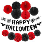 Red Black Happy-Halloween Party Decorations - 13PCS Spider Web Bats Streamers Banner ,Paper Flowers Lanterns Tissue Pom Poms Fans, Classroom Birthday Bachelorette Hanging Supplies Decor Hugfond