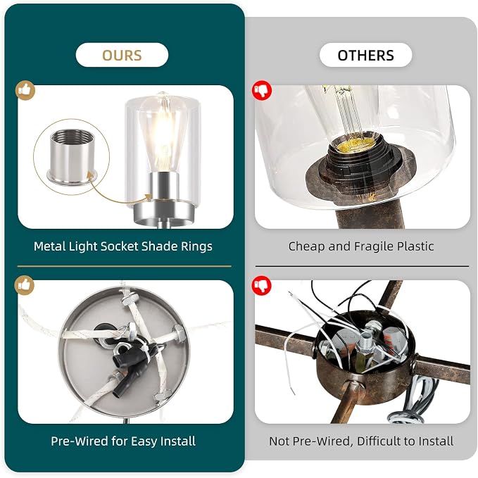 5 Lights Brushed Nickel Modern Farmhouse Chandelier for Dining Room with Glass Shade, Pre-Wired Height Adjustable Pendant Ceiling Lighting Fixture for Dining Living Room Bedroom Kitchen Foyer
