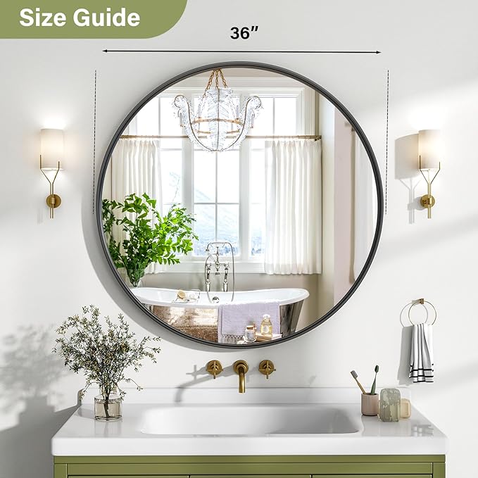 36 Inch Round Bathroom Mirror - Wall Mounted Circle Mirror with Metal Frame, Modern Mirror Suitable for Bathroom, Vanity, Entryway, Living Room, Wall Decor,Black