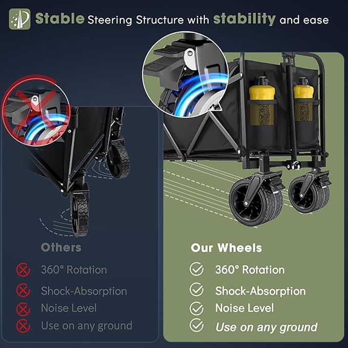 350L Large Capacity Foldable Wagon with Brakes, 560lbs Heavy Duty Collapsible Wagon Cart with Push Handle All-Terrain Big Wheels for Camping, Sports, Shopping, Beach
