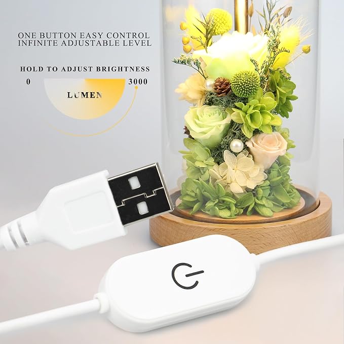 Preserved Fresh Flower Lamp, Room Sleep Lamp with Warm Light, True Immortal Flower Lamp, Decoration for Cabinet, DIY Handmade Flower Unique for Your Partner, Green