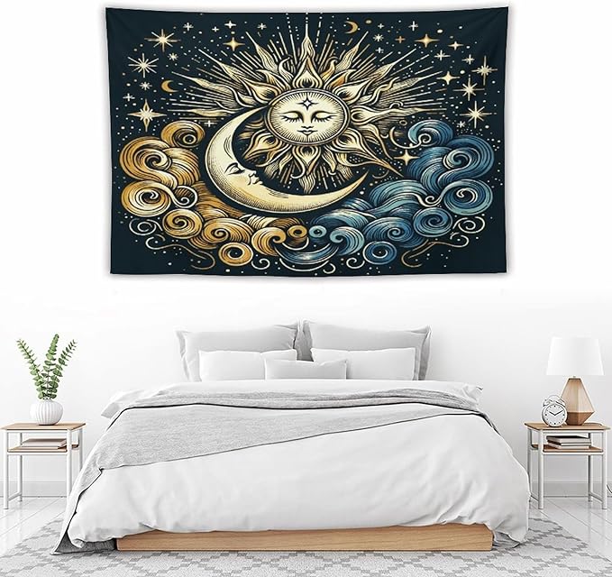 HZOHNAGO Sun Moon Tapestry Boho Golden Stars Pattern Printed Wall Tapestry Wall Hanging for Bedroom Living Room Dorm 90" W x 60" H